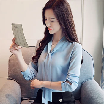 2021 Nou sosit femei bluza de toamna purta mâneci lungi papion Panglică sifon stil coreean femei top bluza slim blusa 1022 40
