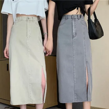 2021 Nou Stil coreean de Înaltă Talie Subțire Mid-Lungime Fusta Split Denim Sac de Șold a - line Fusta pentru Femei
