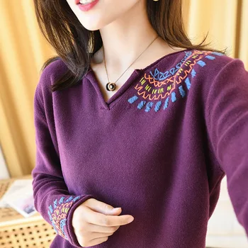 2021 nou stil negru-violet rosu vrac v gât pulover tricotate pulover femei, cu maneci lungi brodate bază de iarnă topuri tricou C475