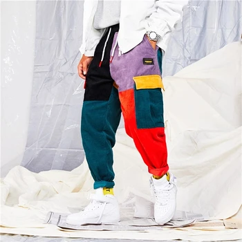 2021 Nouă Epocă Joggeri Harajuku Pantaloni De Trening Hip Hop Streetwear Bloc De Culoare Mozaic Buzunare Cargo Mens Pantaloni De Catifea