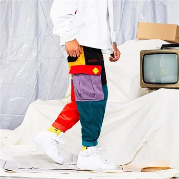 2021 Nouă Epocă Joggeri Harajuku Pantaloni De Trening Hip Hop Streetwear Bloc De Culoare Mozaic Buzunare Cargo Mens Pantaloni De Catifea