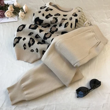 2021 Nouă Primăvară Femei Tricotate Treninguri 2 Seturi De Piese Pentru Femei Costum De V Gât Leopard Pulover Pulover + Tricotate Pantaloni De Creion Se Potriveste