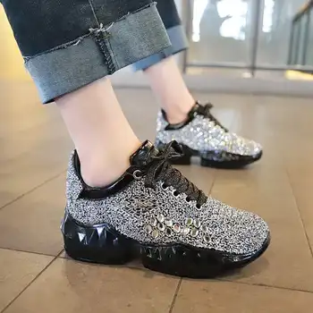 2021 Nouă Primăvară Pantofi de Cristal Femei Plaform Bling Pantofi Casual Argint Indesata Adidași Femeie 5CM Tocuri Respirabil Stras Pantof