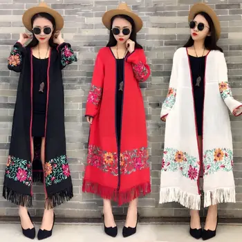2021 Plus Dimensiune Broderie Vintage Lenjerie de pat din Bumbac Kimono Femei Ciucuri Maxi Kimonouri Doamna de Etnie Boho-Hippie Maxi Tricouri Topuri Lungi
