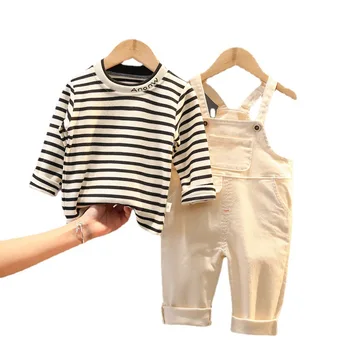 2021 Primavara Plina Maneca Topuri cu Dungi T-shirt Lung Salopete Solide Pachet Toddler Copii Băieți Copii Haine Seturi de 2 buc 6M-4Y