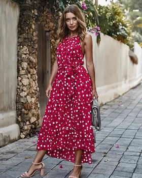2021 Primavara-Vara Elegante Căpăstru Fără Mâneci Polka Dot Imprimare Rochie Sexy Lunga Petrecere Vestidos De Femei De Moda Rochie