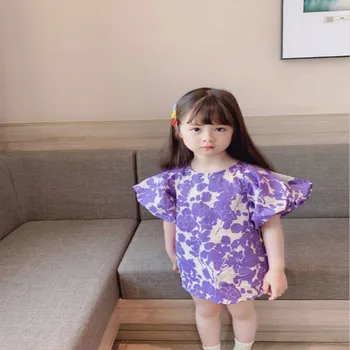 2021 Primăvara și Vara Noi Violet Rochie de Flori Mare Scurt Bubble Sleeve Fashion Rochii Copii Copilul Bumbac Rochie de Printesa