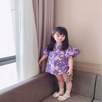 2021 Primăvara și Vara Noi Violet Rochie de Flori Mare Scurt Bubble Sleeve Fashion Rochii Copii Copilul Bumbac Rochie de Printesa