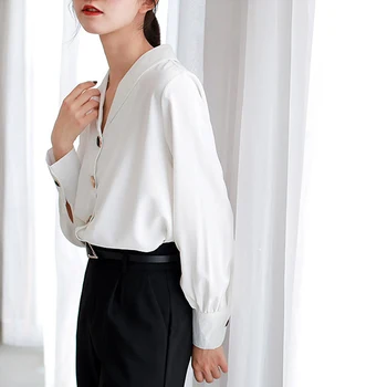 2021 Primăvară Autmn Sifon Tricouri Femei Bluza Vintage din Hong Kong Stil Lanternă cu Maneci Lungi Tricou Femei Blusas V-gât Topuri 12108