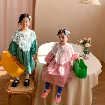 2021 Primăvară Fetiță Haine Fete Rochie Cu Maneci Lungi Pentru Copii Guler De Dantelă Rochii De Printesa Fata Rochie De Bumbac