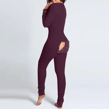 2021 Sexy Femei Bodycon Pijamas Onesies Butonul Deschide Fundul Salopeta Sleepwear Doamna Homewear V-neck Maneca Lunga Costum Body