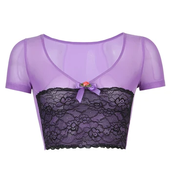 2021 Sexy Gotic V Gât Dantelă Mozaic Scurte T Shirt pentru Femei Streetwear Topuri de Cultură Slim Arc Y2K Vara Mov Tricou Maneci Scurte