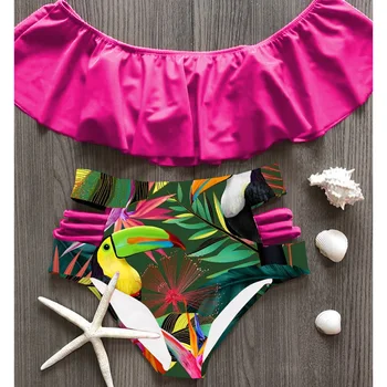 2021 Sexy Set de bikini cu Talie Înaltă Costume de baie Femei Imprimate Biquini Ciufulit Înota Costum de Baie cu Maneci Scurte de costume de Baie Bikini Vintage