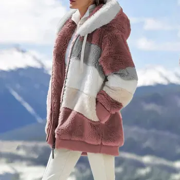 2021 Supradimensionate de Iarna pentru Femei cu Jacheta de Moda de Pluș Mozaic Buzunar cu Fermoar cu Gluga Jacheta Retro Liber Maneca Lunga pentru Femei Haina