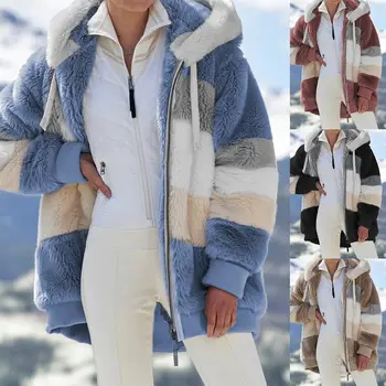 2021 Supradimensionate de Iarna pentru Femei cu Jacheta de Moda de Pluș Mozaic Buzunar cu Fermoar cu Gluga Jacheta Retro Liber Maneca Lunga pentru Femei Haina