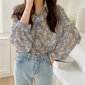 2021 Toamna Casual Plus Dimensiune Imprimare Șifon Bluza Femei Coreene Puff Maneca Lunga Floral Pentru Femei Cardigan Tricouri Topuri Blusas 10312