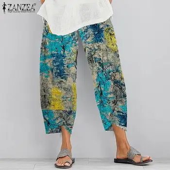 2021 Vara Vintage Pantaloni ZANZEA Femei Talie Elastic Pantaloni Harem Retro Floral de Imprimare Pantalon Nap Lenjerie de pat din Bumbac Pantaloni 5XL
