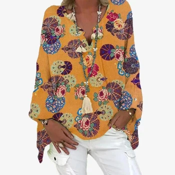 2021 Vintage De Primăvară V Gâtului Imprimare Tricouri Streetwear Femei Casual Pulover Vrac Bluza De Moda Toamna Cu Maneci Lungi Doamna Topuri Blusa