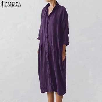 2021 ZANZEA Femei Elegante Rever mâneci Lungi Tricou Rochie de sex Feminin Solid Toamna Rochie de Lenjerie de pat din Bumbac Sundress Vestidos Halat 7