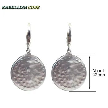 22mm dimensiuni mari baroc stely monedă buton plat forma rotunda gri gri cârlig legăna cercei perle naturale argint 925 hiperbola