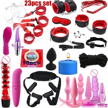 23Pcs set Jucării Sexuale pentru Femei Adulte Jocuri Cătușe, Bici Gura Gag Coarda Metal, Dop de Fund dominare sexuala Sclavie Set Șirag de mărgele Anal plug Vibrator