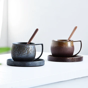260ml Stil Japonez Rugina Glazura Ceramică Ceramică Grosieră Cana de Ceai Lapte Cafea Ceasca si Farfurie Lingura Kit Drinkware Vintage Decor Acasă