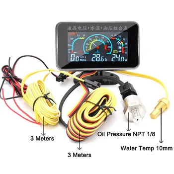 3 in1 LCD Auto Digital Indicator Temperatura Apei Indicator Voltmetru, Presiune Ulei Temperatura Apei metru 1/8 NPT 10MM Presa de Ulei senzor temp
