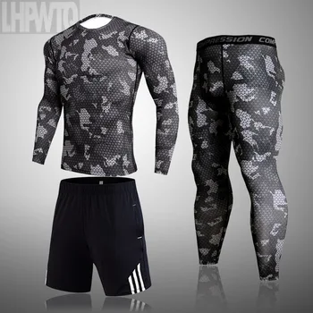 3 piece set Camuflaj Barbati set de Compresie MMA de Funcționare T-shirt pentru Bărbați Pantaloni Stramti Fitness Culturism Haine Sport Costum