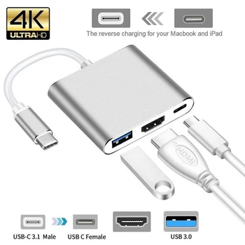 3 În 1 USB de Tip C Hub Compatibil HDMI 4K Adaptor USB-C Pentru Convertor Cu USB și Portul de Încărcare pentru Retina MacBook Pro de Telefon