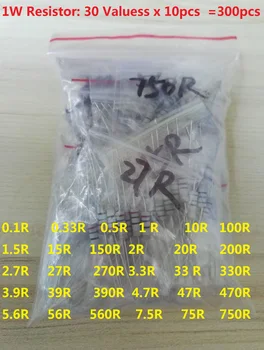 300pcs Rezistor Kit 1W 5% 30values X 10buc Film de Carbon Rezistenta de 0,1-750 ohm Set Metal 0.33 0.5 100 1.5 200 2.7 3.3 390 470 560