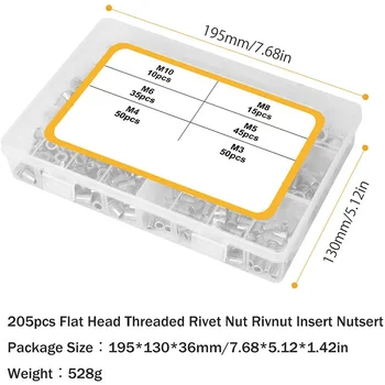 304 din Oțel Inoxidabil Nit Nuci Asorta Set cu Cap Plat Filetate Rivetnut Introduce Nutserts Sortiment Kit(205PCS)