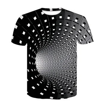 3D, negru și alb verificat tunel cu maneci scurte T-shirt, de vară, băiatul hip hop amuzant personalitate tendință de imprimare T-shirt