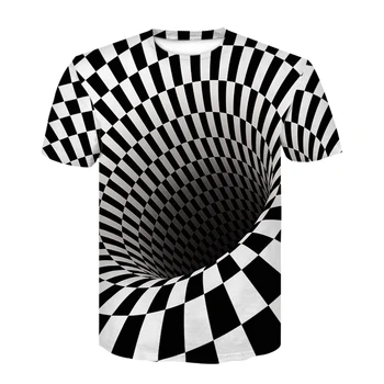 3D, negru și alb verificat tunel cu maneci scurte T-shirt, de vară, băiatul hip hop amuzant personalitate tendință de imprimare T-shirt