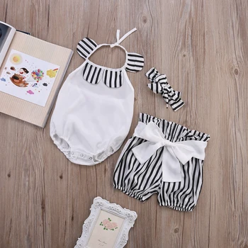 3Pcs 2019 Noua Moda de Îmbrăcăminte pentru Copii Set Fetita Seturi Romper+Arc pantaloni Scurți +Bentita copil Nou-născut Primavara-Vara Fetita Haine