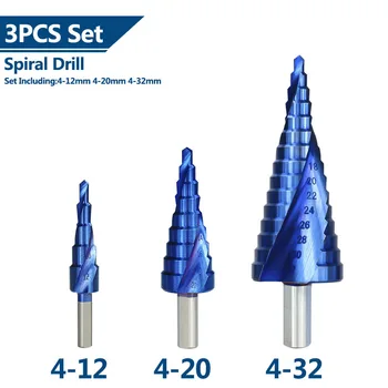 3PCS 4-12/20/32mm Pas Burghiu Set Nano Acoperire Albastru Spiral Flute Metal Gaura de Foraj Cutter Core Drill Bit Pas Burghiu Con