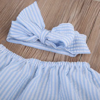 3Pcs albastru Denim cu dungi set haine Copii Fete Copii Blugi Casual de Vara Topuri+Ripped Denim Pantaloni Costume Set