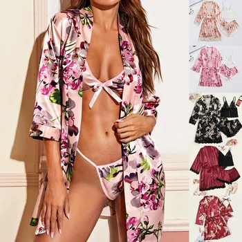3pcs Pijamas Seturi de Femei Florale Imprimare Set de Pijama Sârmă Gratuit Dantelă Sutien Bretele Pantalon Și Halat Set de sex Feminin Sexy Sleepwear