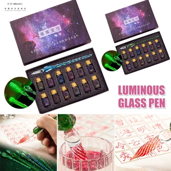 3pcs/set Luminos de Cristal de Sticlă Dip Pen Luminos Pulbere Stilou Culori de Cerneală Cutie Cadou Set Student Consumabile de Scris