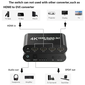 3x1 Switch HDMI cu Audio Extractor Optic Toslink Suport pentru Ieșire 4K 3D 1080P HDMI Switcher Cu Control de la Distanță