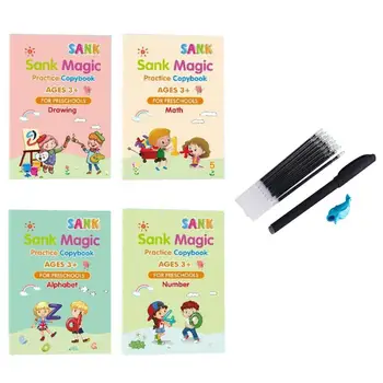 4 Carti + Stilou Magie Practică Caiet Gratuit Stergerea Copii Caiet Magic Magic Scris Autocolant Versiunea în limba engleză