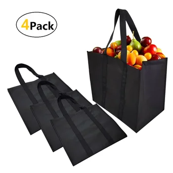 4 Pack-Culoare Negru Materiale Nețesute Reutilizabile De Cumpărături Tote Pungi, Mare Si Rezistent,Gros Suport Din Material Plastic De Jos Grele Cumpărături Totes