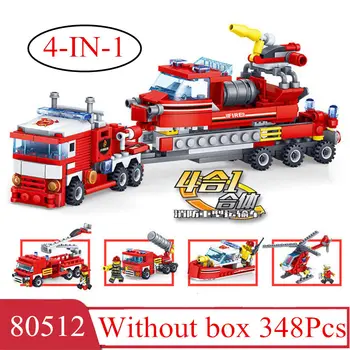 4-ÎN-1 Multi-Funcție Masina de Pompieri cu Barca Camion Elicopter Blocuri de Constructii Montaj Pompier de Învățământ DIY Caramida Compatibil
