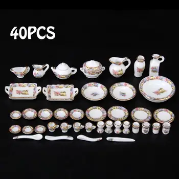 40 buc/set 1:12 Mini-Casă de Păpuși de Porțelan, Tacâmuri Set de Ceai Feluri de mâncare de Casă de Joacă Jucării de Acasă Decor de Masă Cadou Frumos China Ceramice #