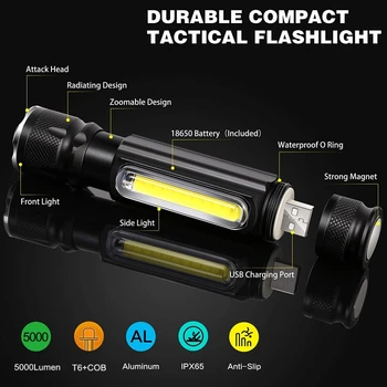 4000LM Puternic Lanterna LED-uri USB Reîncărcabilă cu baterie built-in lanterna Partea COB Lumina 4modes linterna coada magnet WorkLight
