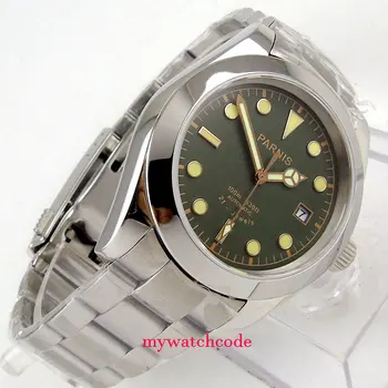 40mm parnis negru și verde cadran luminos de sticlă de safir miyota automatic mens watch