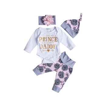 4BUC Moda Drăguț Nou-născut Copilul Fete din Bumbac cu Maneca Lunga O-Gât Acoperite Butonul Scrisoare Print Romper Topuri Pantaloni, Palarie pe Bentita