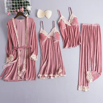 4BUC Velur Sleepwear Set pentru Dormit Femei Toamna îmbrăcăminte de noapte Halat V-Neck Pijamas Softy Rochie Sleepshirt Iarna Costum de Pijama Satin