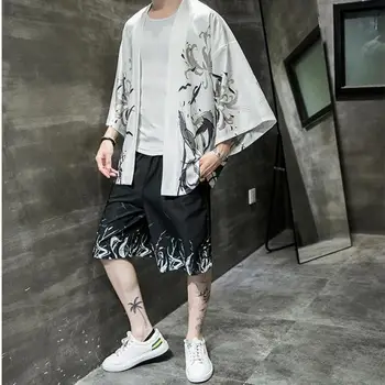 4XL 5XL Mens Plus Dimensiune Japoneză Streetwear Trening Barbati Summer Set de Două Piese Kimono Tricou + pantaloni Scurți de sex Masculin Haine Barbati 2 Bucata Set