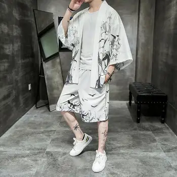 4XL 5XL Mens Plus Dimensiune Japoneză Streetwear Trening Barbati Summer Set de Două Piese Kimono Tricou + pantaloni Scurți de sex Masculin Haine Barbati 2 Bucata Set