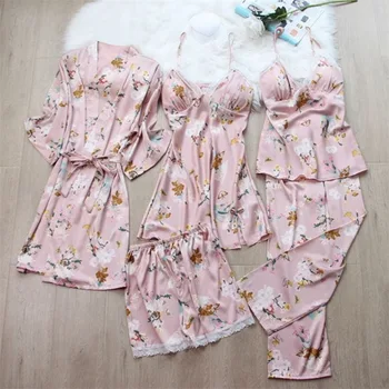 5 BUC Femei Pijama Set Polka Dot Dantelă Sexy Halat de îmbrăcăminte de noapte Curea Sling pantaloni Scurți Primavara-Vara Sleepwear Homewear